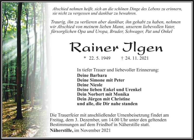 Traueranzeige für Rainer Ilgen vom 27.11.2021 aus Südthüringer Presse