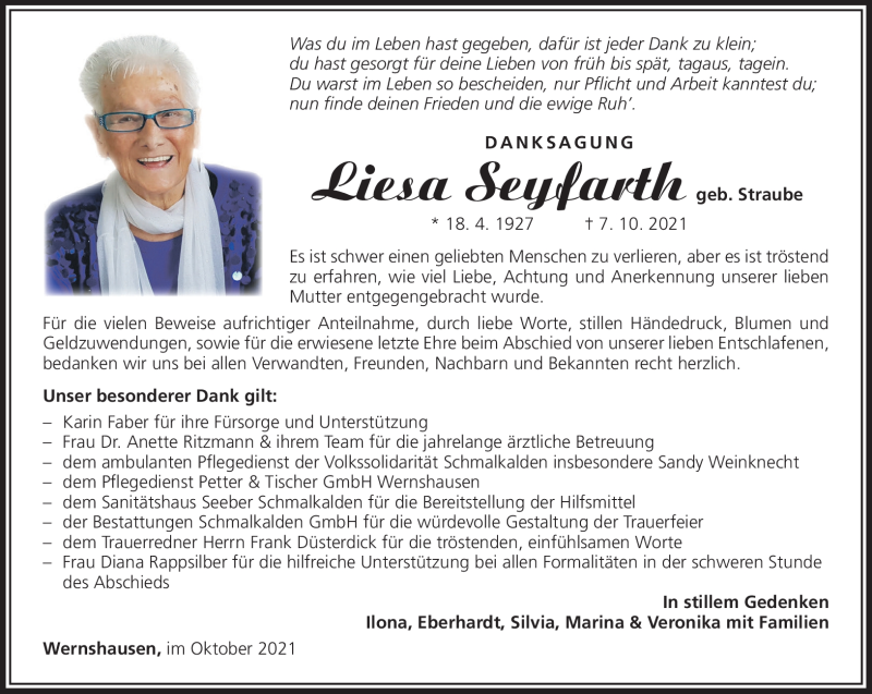  Traueranzeige für Liesa Seyfarth vom 06.11.2021 aus Südthüringer Presse