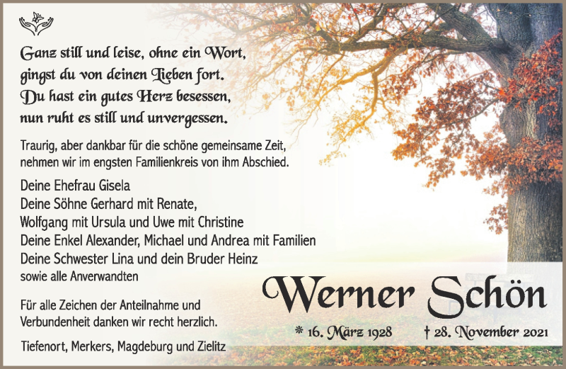  Traueranzeige für Werner Schön vom 04.12.2021 aus Südthüringer Presse