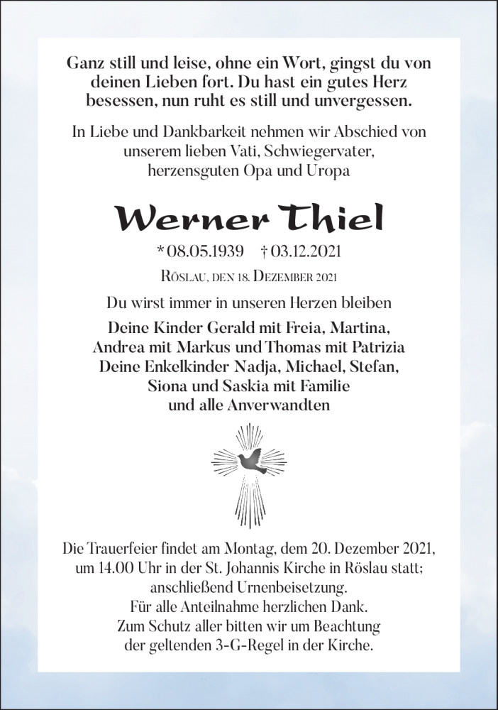  Traueranzeige für Werner Thiel vom 18.12.2021 aus Frankenpost