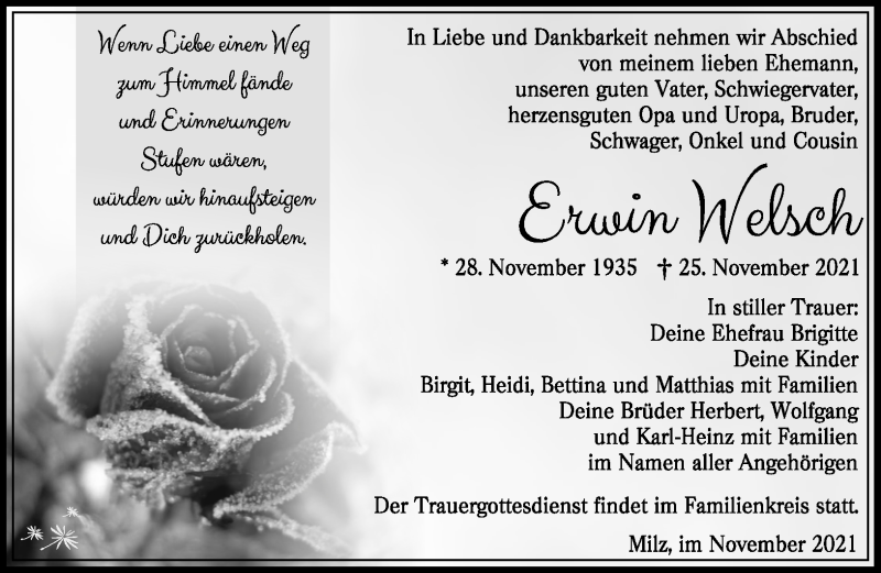  Traueranzeige für Erwin Welsch vom 04.12.2021 aus Südthüringer Presse