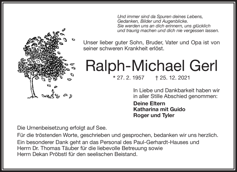  Traueranzeige für Ralph-Michael Gerl vom 31.12.2021 aus Frankenpost