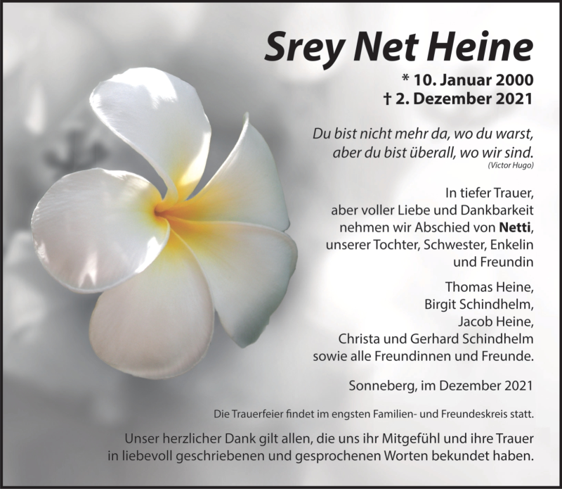  Traueranzeige für Srey Net Heine vom 18.12.2021 aus Südthüringer Presse