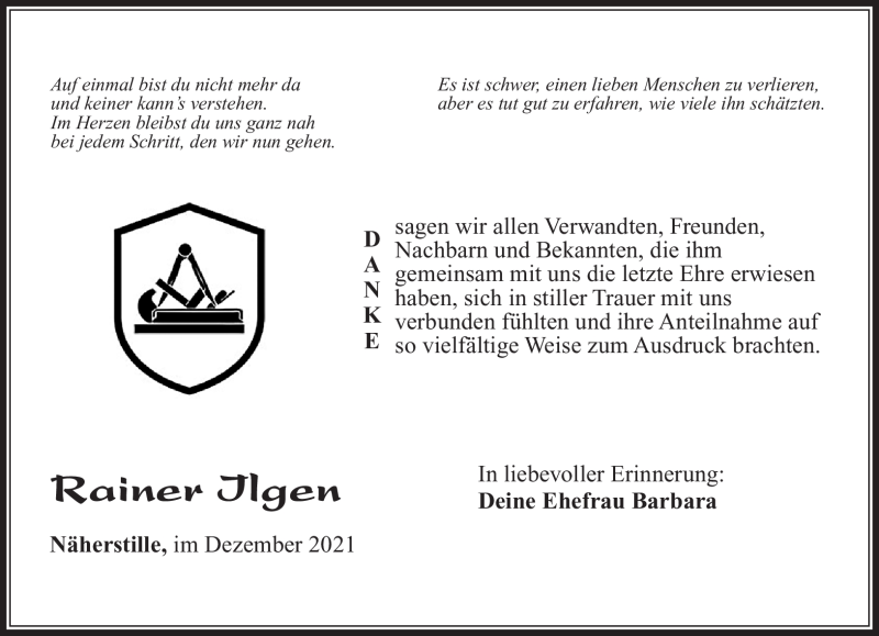  Traueranzeige für Rainer Ilgen vom 11.12.2021 aus Südthüringer Presse