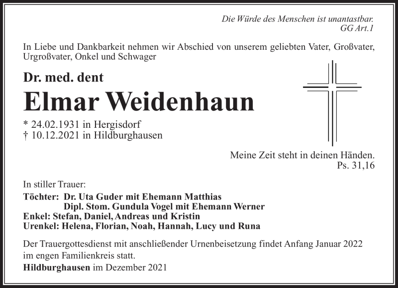  Traueranzeige für Elmar Weidenbaum vom 18.12.2021 aus Südthüringer Presse