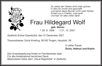 Traueranzeige von Hildegard Wolf von Frankenpost