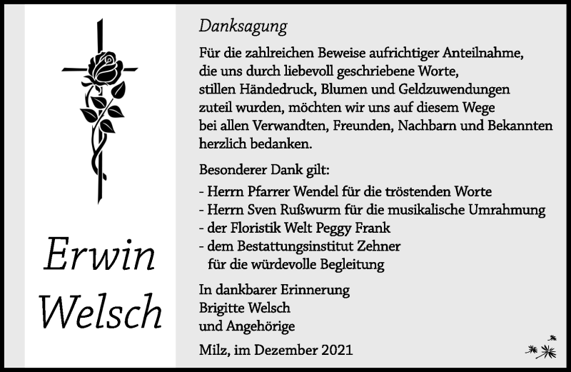  Traueranzeige für Erwin Welsch vom 18.12.2021 aus Südthüringer Presse