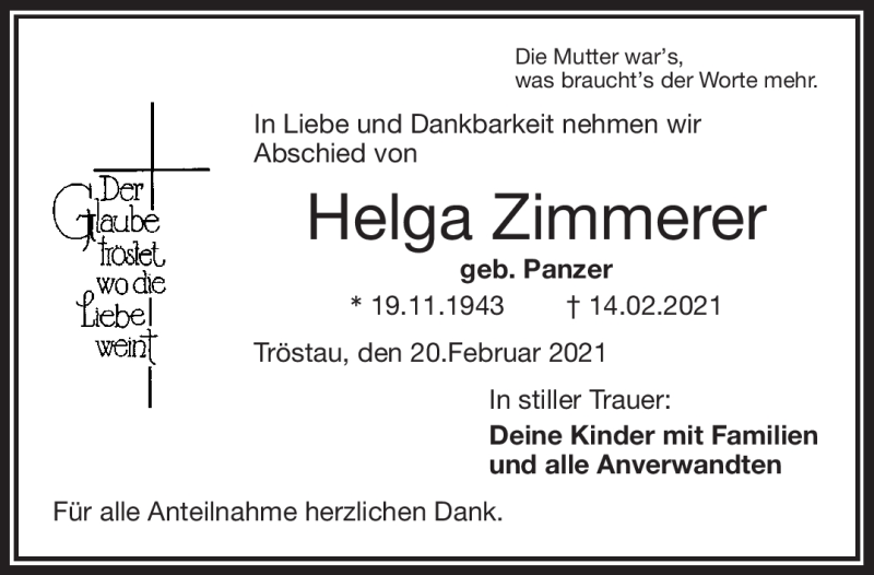  Traueranzeige für Helga Zimmerer vom 20.02.2021 aus Frankenpost