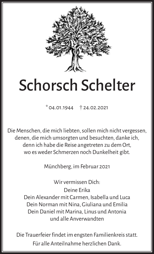  Traueranzeige für Schorsch Schelter vom 27.02.2021 aus Frankenpost