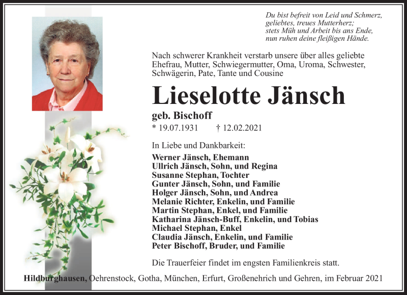  Traueranzeige für Lieselotte Jänsch vom 20.02.2021 aus Südthüringer Presse