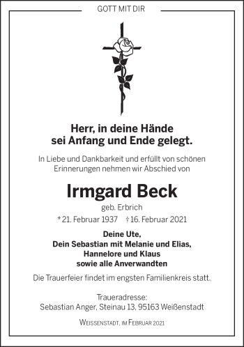 Traueranzeige von Irmgard Beck von Frankenpost