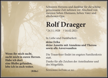 Traueranzeige von Rolf Draeger von Südthüringer Presse