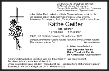 Traueranzeige von Käthe Geißer von Frankenpost