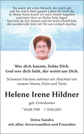 Traueranzeige von Helene Irene Hildner von Frankenpost