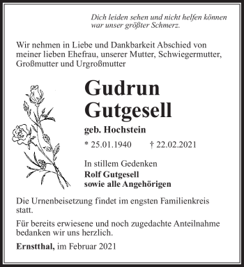 Traueranzeige von Gudrun Gutgesell von Südthüringer Presse