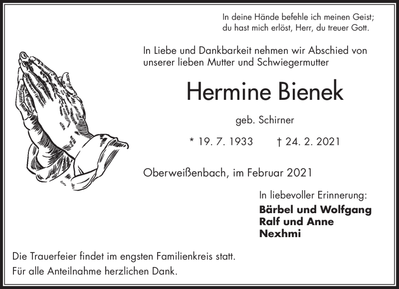  Traueranzeige für Hermine Bienek vom 27.02.2021 aus Frankenpost
