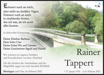 Traueranzeige von Rainer Tappert von Südthüringer Presse