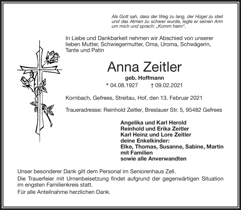  Traueranzeige für Anna Zeitler vom 13.02.2021 aus Frankenpost