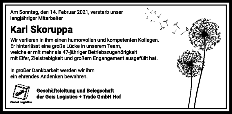  Traueranzeige für Karl Skoruppa vom 27.02.2021 aus Frankenpost