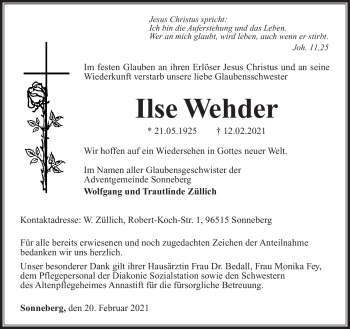 Traueranzeige von Ilse Wehder von Südthüringer Presse