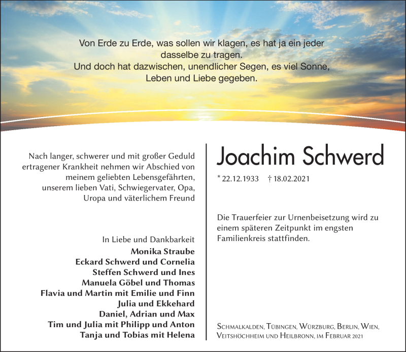  Traueranzeige für Joachim Schwerd vom 23.02.2021 aus Südthüringer Presse