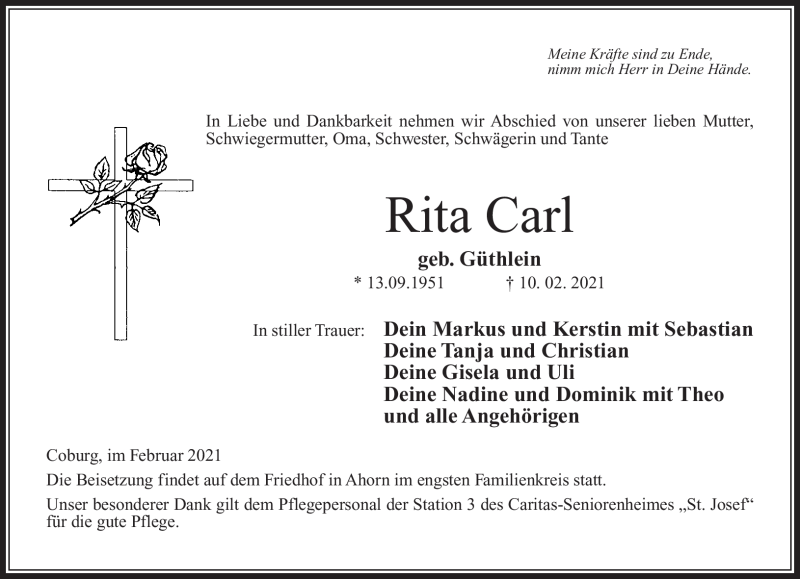  Traueranzeige für Rita Carl vom 13.02.2021 aus Neue Presse Coburg