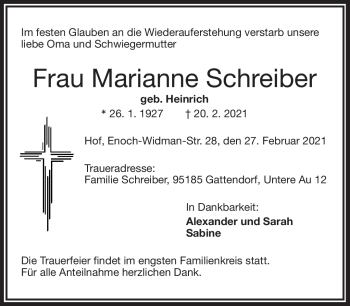 Traueranzeige von Marianne Schreiber von Frankenpost