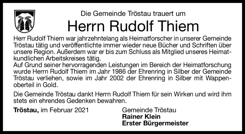  Traueranzeige für Rudolf Thiem vom 22.02.2021 aus Frankenpost
