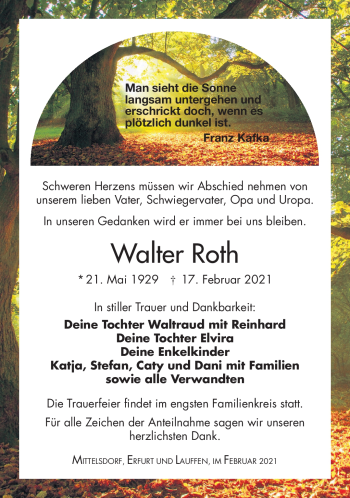Traueranzeige von Walter Roth von Südthüringer Presse