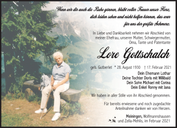 Traueranzeige von Lore Gottschalch von Südthüringer Presse