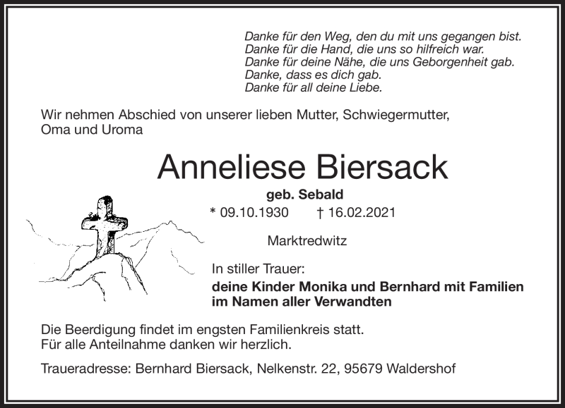  Traueranzeige für Anneliese Biersack vom 18.02.2021 aus Frankenpost