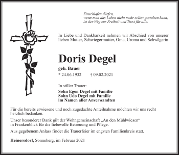 Traueranzeige von Doris Degel von Südthüringer Presse