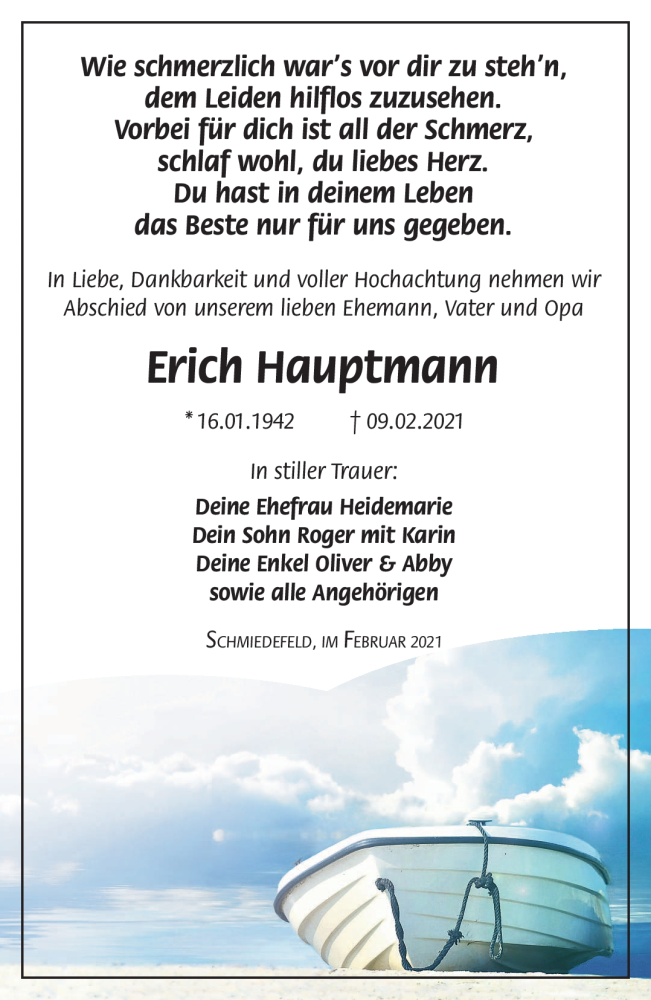  Traueranzeige für Erich Hauptmann vom 13.02.2021 aus Südthüringer Presse