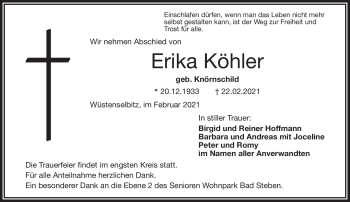 Traueranzeige von Erika Köhler von Frankenpost