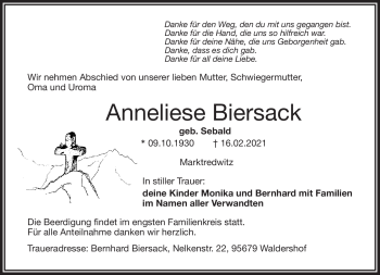 Traueranzeige von Anneliese Biersack von Frankenpost