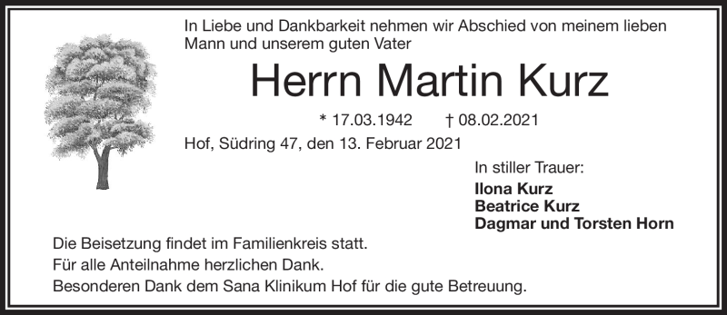  Traueranzeige für Martin Kurz vom 13.02.2021 aus Frankenpost