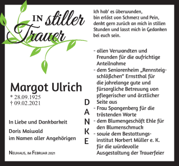 Traueranzeige von Margot Ulrich von Südthüringer Presse
