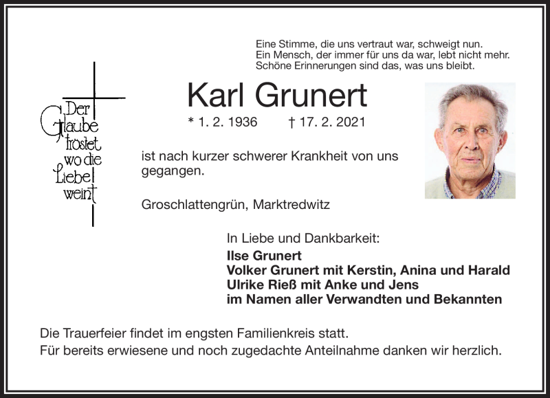  Traueranzeige für Karl Grunert vom 19.02.2021 aus Frankenpost