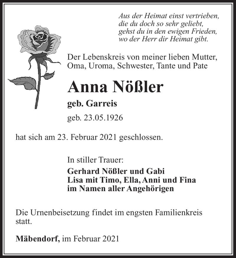  Traueranzeige für Anna Nößler vom 27.02.2021 aus Südthüringer Presse