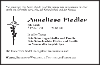 Traueranzeige von Anneliese Fiedler von Südthüringer Presse