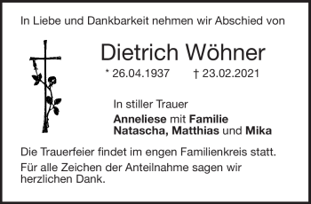 Traueranzeige von Dietrich Wöhner von Neue Presse Coburg