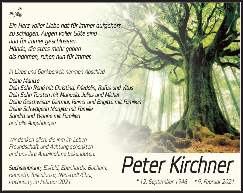  Traueranzeige für Peter Kirchner vom 20.02.2021 aus Südthüringer Presse