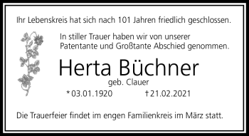 Traueranzeige von Herta Büchner von Südthüringer Presse