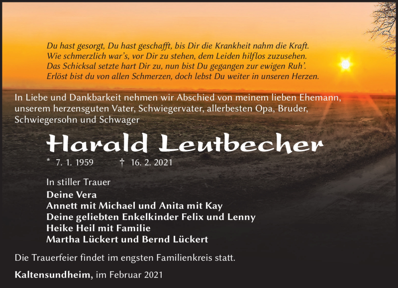  Traueranzeige für Harald Leutbecher vom 18.02.2021 aus Südthüringer Presse