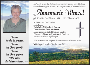 Traueranzeige von Annemarie Wenzel von Südthüringer Presse