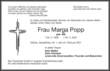 Traueranzeige von Marga Popp von Frankenpost