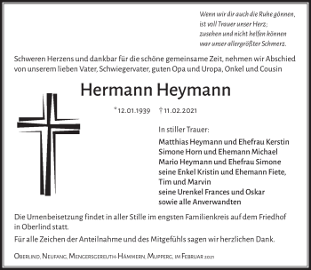 Traueranzeige von Hermann Heymann von Südthüringer Presse