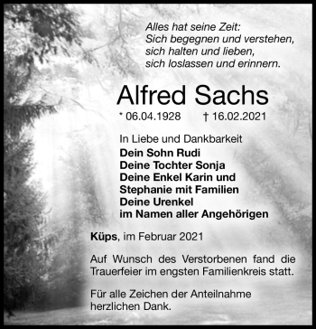 Traueranzeige von Alfred Sachs von Neue Presse Coburg