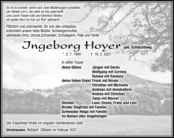 Traueranzeige von Ingeborg Hoyer von Südthüringer Presse