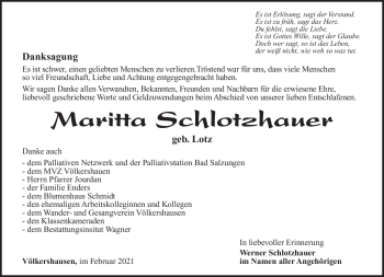 Traueranzeige von Maritta Schlotzhauer von Südthüringer Presse